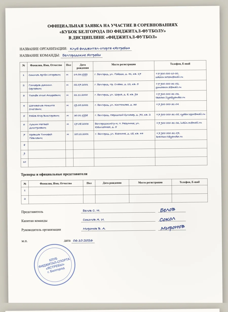 Скан подписанной официальной заявки команды